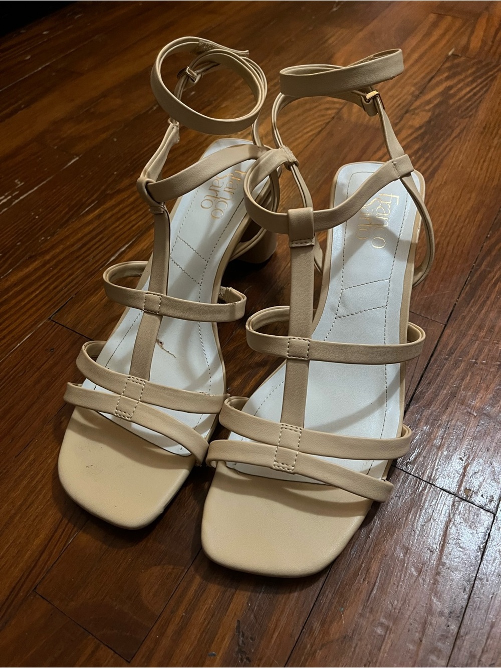 Franco Sarto Laina Beige Strappy Block Heel Sandals